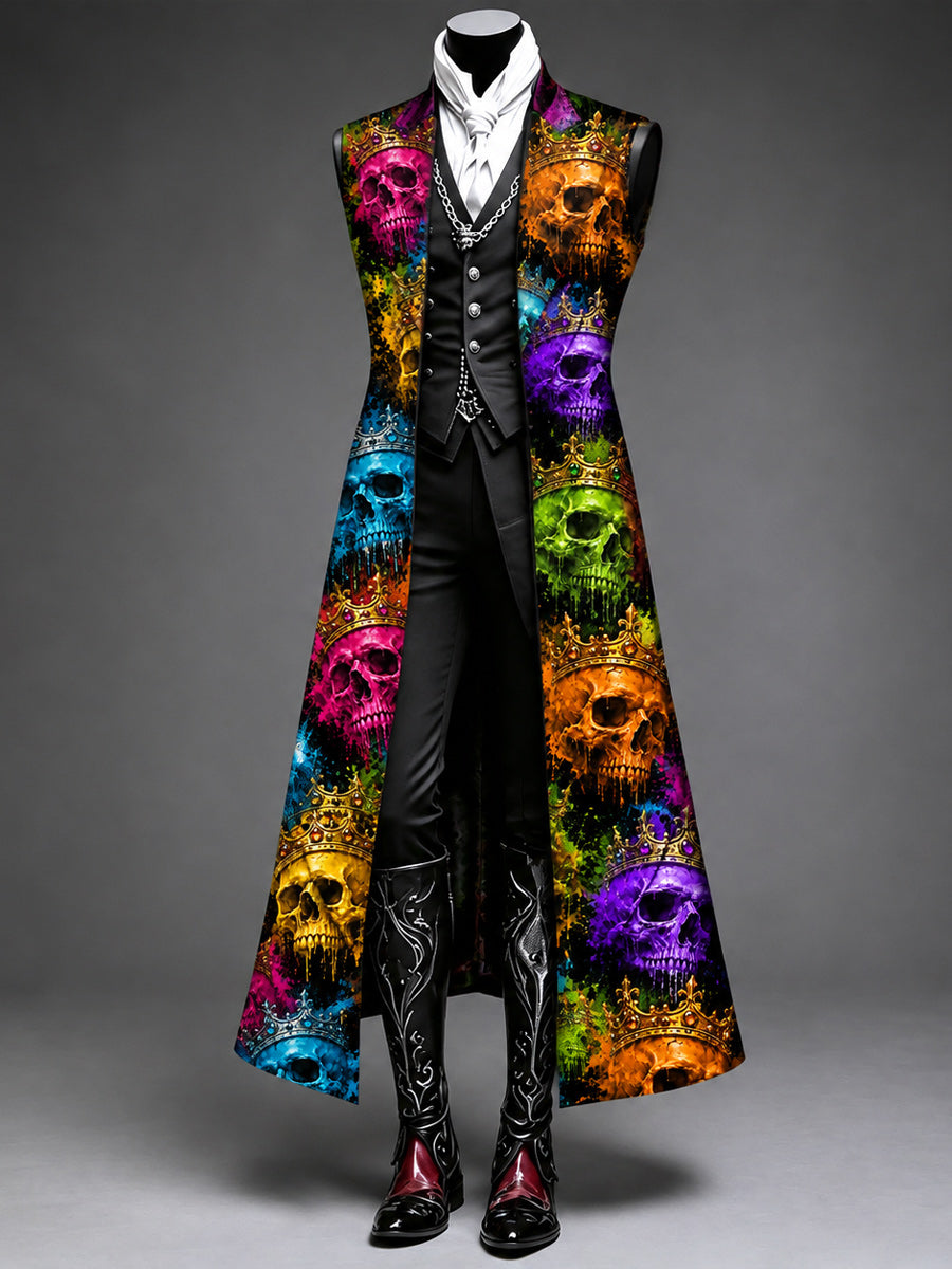 Men's Gothic Punk Art Print Casual Sleeveless Long-Style Suit Blazer Jacket